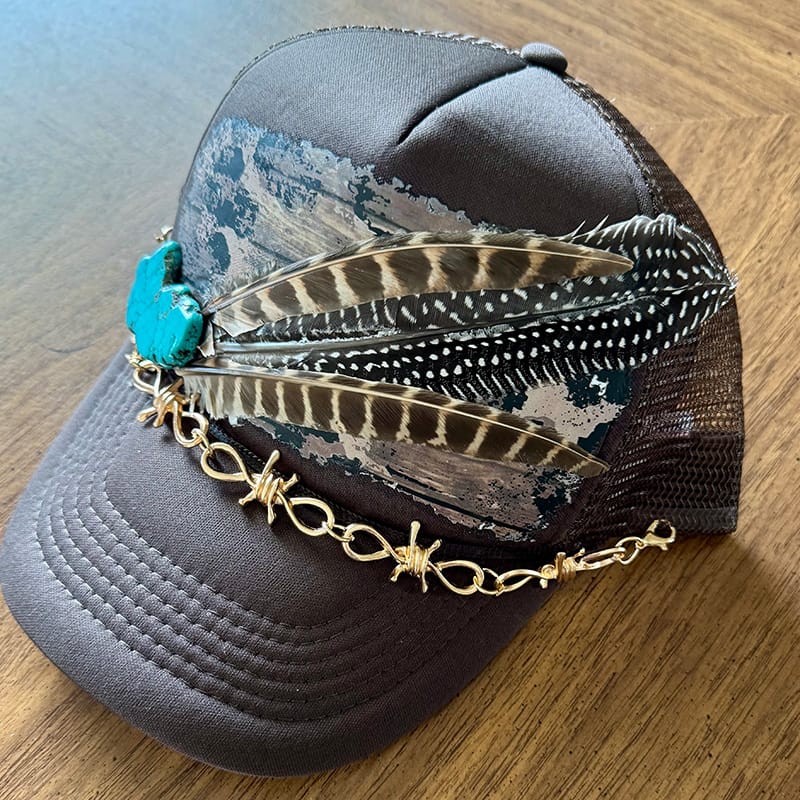 On A Whim Hats Black Feather Fan Handmade Trucker Hat