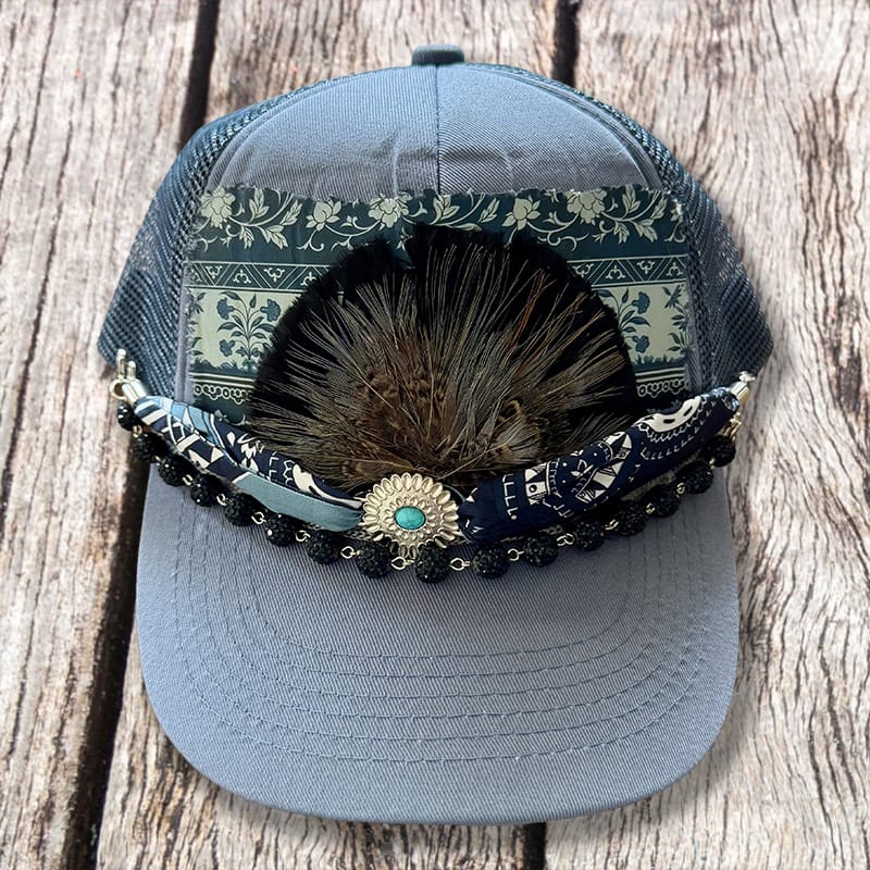 On A Whim Hats Boho Feather Trucker Hat with Turquoise Stone & Gold Chain