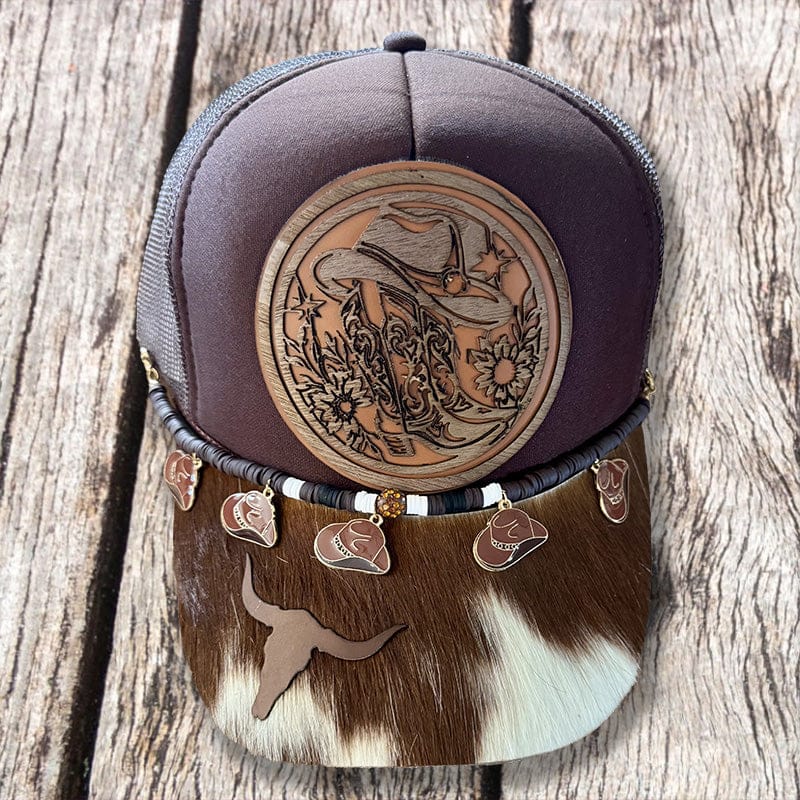 On A Whim Hats Cowboy Hat & Boots Trucker Hat - Brown with Genuine Cowhide Bill & Charm Chain