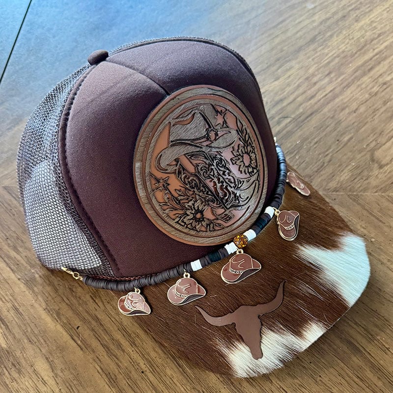 On A Whim Hats Cowboy Hat & Boots Trucker Hat - Brown with Genuine Cowhide Bill & Charm Chain