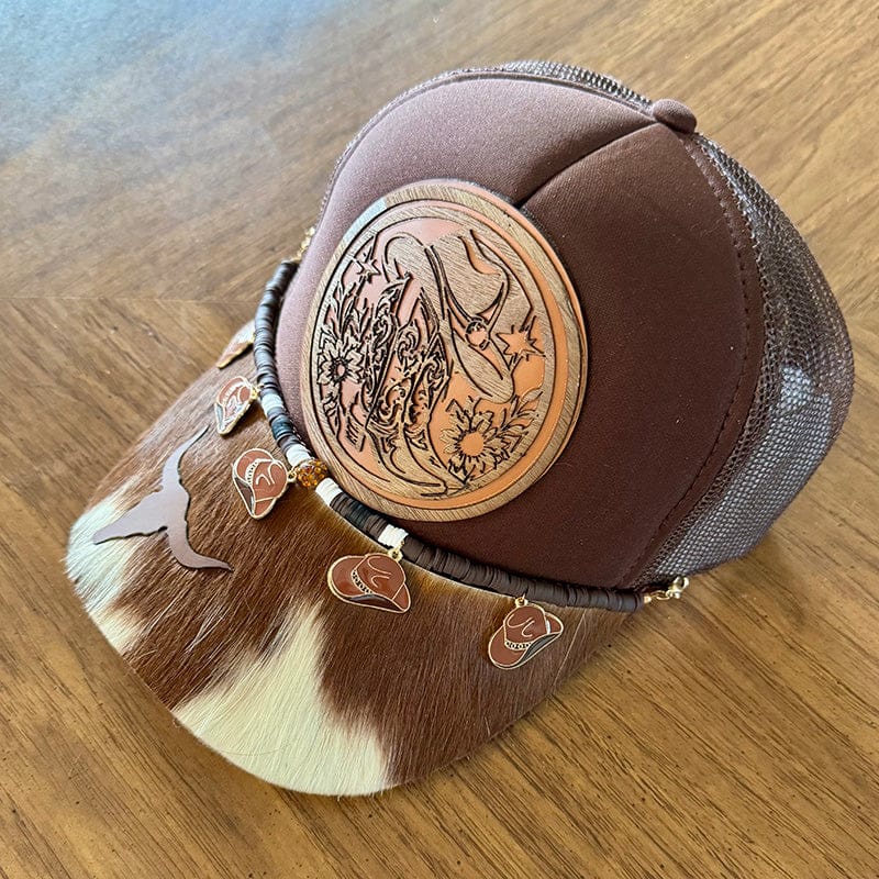 On A Whim Hats Cowboy Hat & Boots Trucker Hat - Brown with Genuine Cowhide Bill & Charm Chain