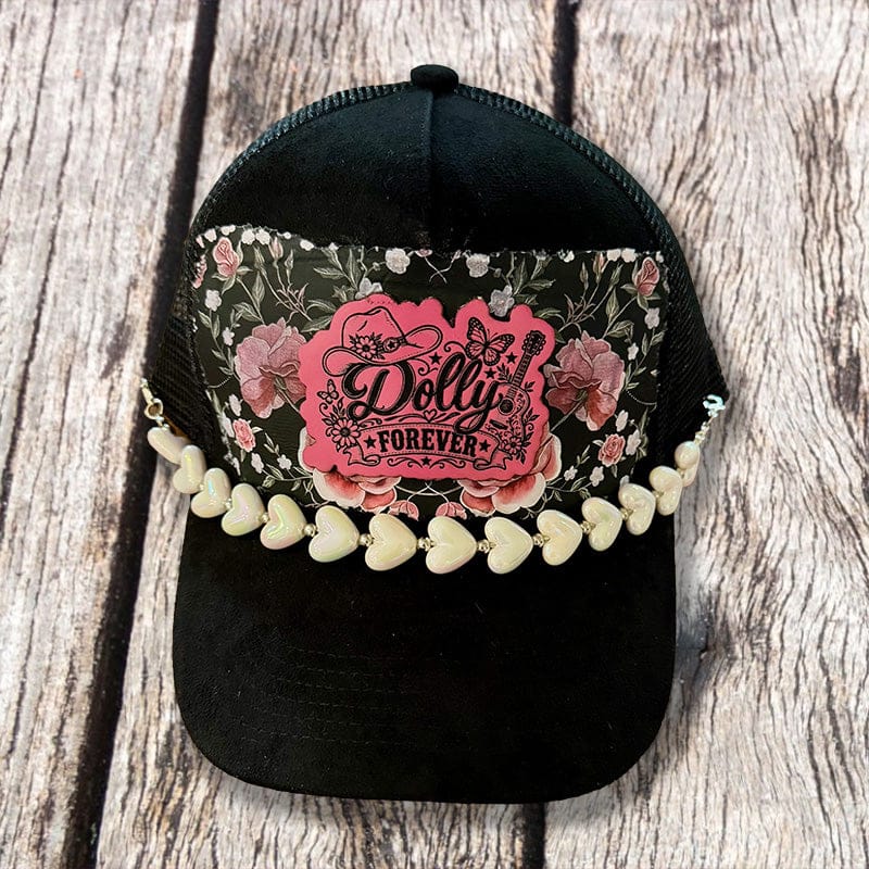 On A Whim Hats Dolly Forever Trucker Hat - Black Suede with Pink Floral & Heart Bead Chain
