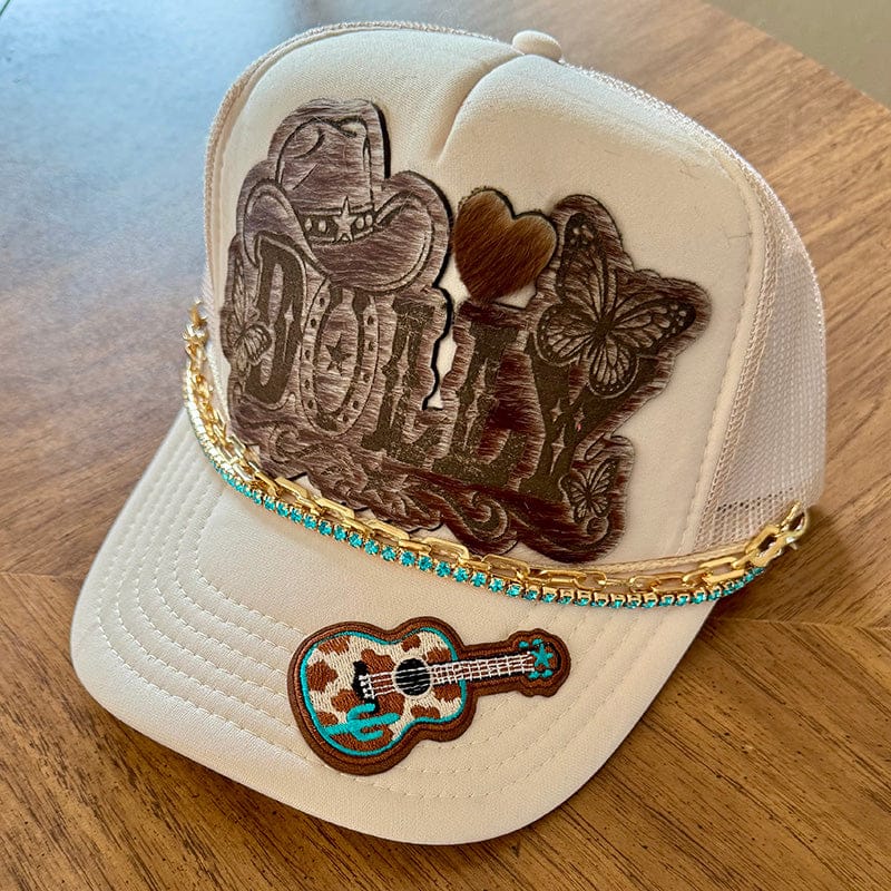 On A Whim Hats Dolly Trucker Hat - Cream with Engraved Cowhide Patch & Turquoise Rhinestone Chain