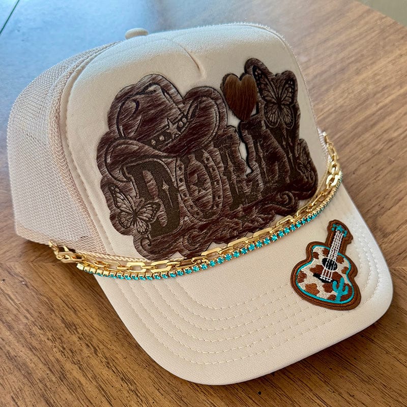 On A Whim Hats Dolly Trucker Hat - Cream with Engraved Cowhide Patch & Turquoise Rhinestone Chain