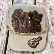On A Whim Hats Dolly Trucker Hat - Cream with Engraved Cowhide Patch & Turquoise Rhinestone Chain