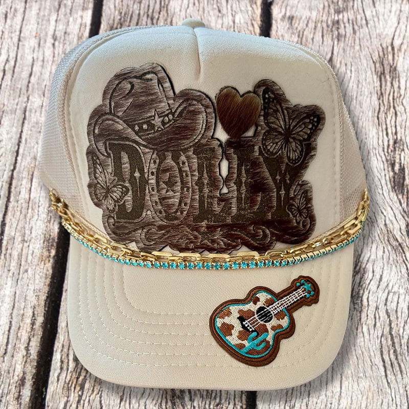 On A Whim Hats Dolly Trucker Hat - Cream with Engraved Cowhide Patch & Turquoise Rhinestone Chain