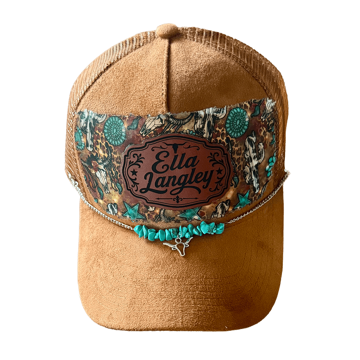 On A Whim Hats Ella Langley Suede Trucker Hat with Western Design & Turquoise Accents