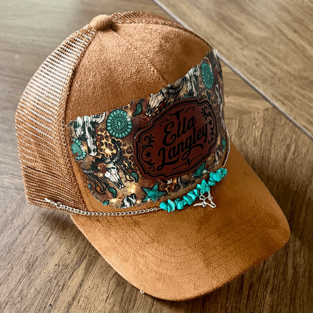 On A Whim Hats Ella Langley Suede Trucker Hat with Western Design & Turquoise Accents