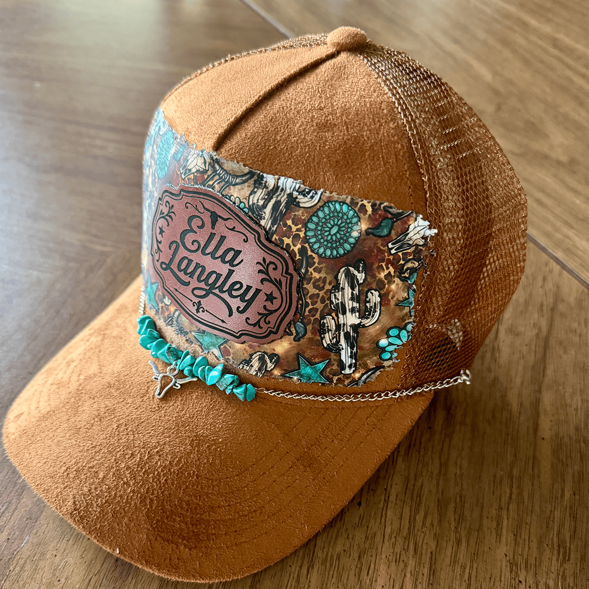 On A Whim Hats Ella Langley Suede Trucker Hat with Western Design & Turquoise Accents