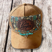 Handmade vegan suede western trucker hat with turquoise stone accents, patterned band, and star chain by On A Whim Hats