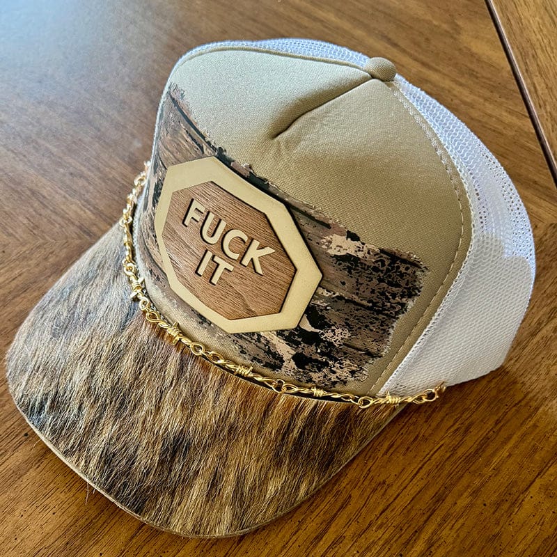 On A Whim Hats F*ck It Trucker Hat - Tan with Genuine Brindle Cowhide Bill & Barbed Wire Chain