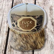 On A Whim Hats F*ck It Trucker Hat - Tan with Genuine Brindle Cowhide Bill & Barbed Wire Chain
