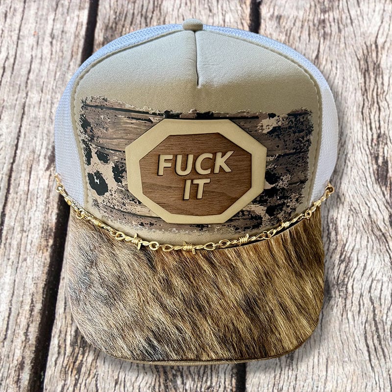 On A Whim Hats F*ck It Trucker Hat - Tan with Genuine Brindle Cowhide Bill & Barbed Wire Chain