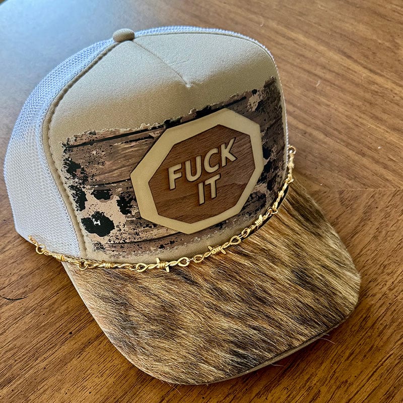 On A Whim Hats F*ck It Trucker Hat - Tan with Genuine Brindle Cowhide Bill & Barbed Wire Chain
