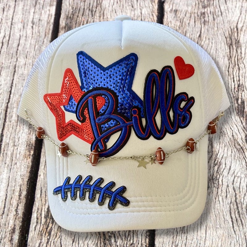 On A Whim Hats Game Day Script Trucker Hat - White with Royal Blue & Red Sequin Stars & Football Chain