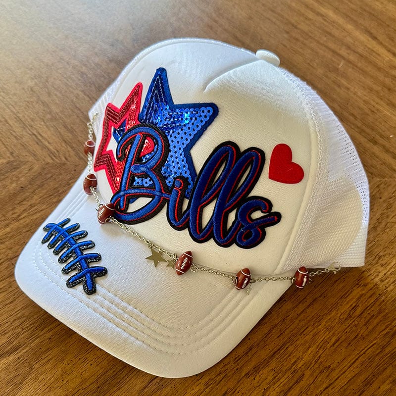 On A Whim Hats Game Day Script Trucker Hat - White with Royal Blue & Red Sequin Stars & Football Chain