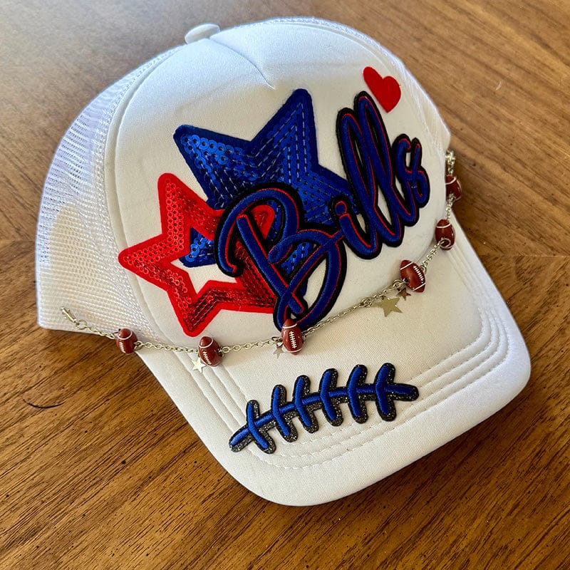 On A Whim Hats Game Day Script Trucker Hat - White with Royal Blue & Red Sequin Stars & Football Chain