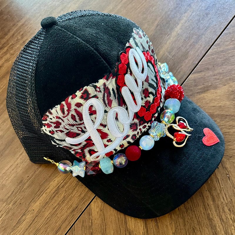 On A Whim Hats Love Trucker Hat - Black Suede with Red Leopard Tapestry & Heart Charm Chain