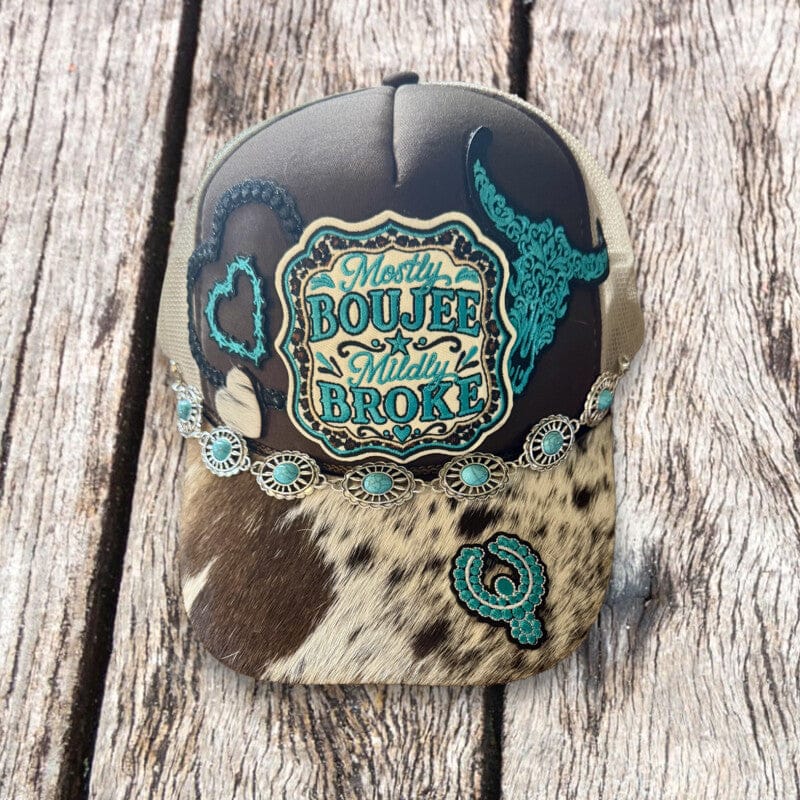 On A Whim Hats Mostly Boujee Mildly Broke Cowhide Trucker Hat