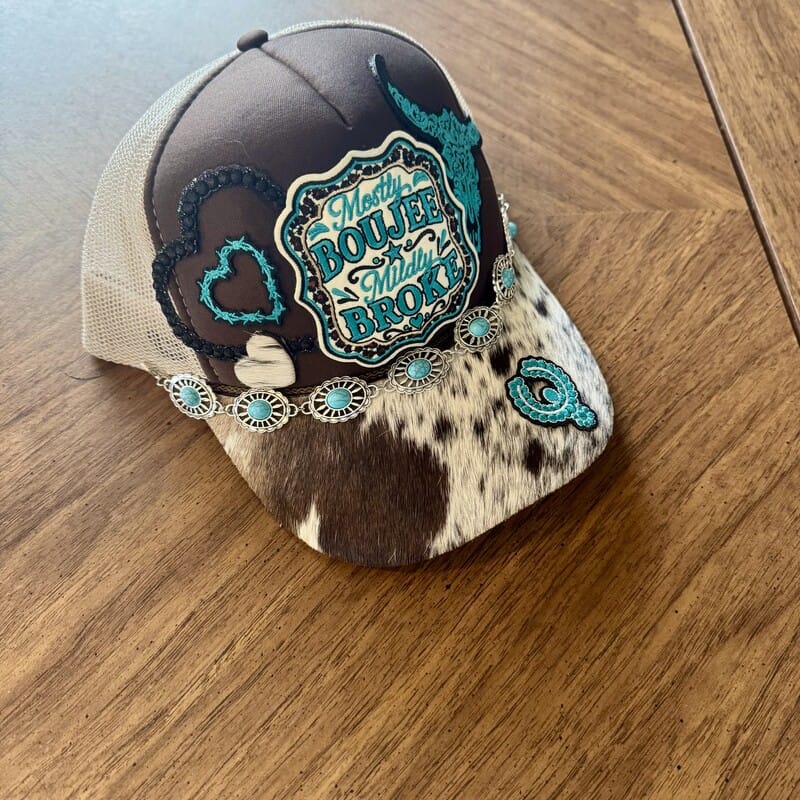 On A Whim Hats Mostly Boujee Mildly Broke Cowhide Trucker Hat
