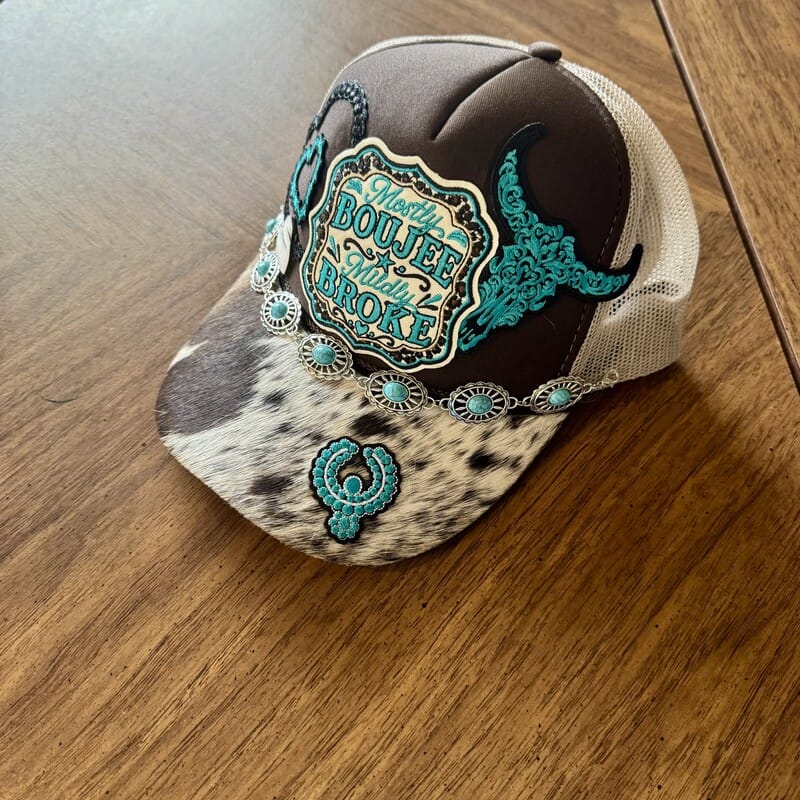On A Whim Hats Mostly Boujee Mildly Broke Cowhide Trucker Hat