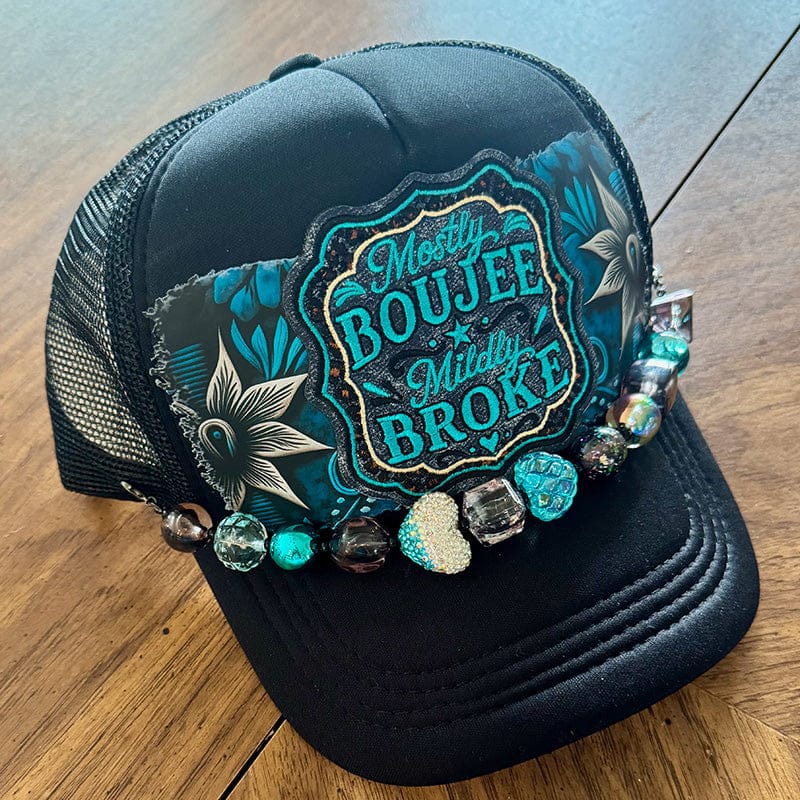 On A Whim Hats Mostly Boujee Mildly Broke Trucker Hat - Black with Teal Floral & Glass Bead Chain