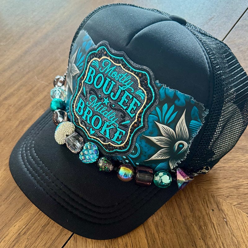 On A Whim Hats Mostly Boujee Mildly Broke Trucker Hat - Black with Teal Floral & Glass Bead Chain