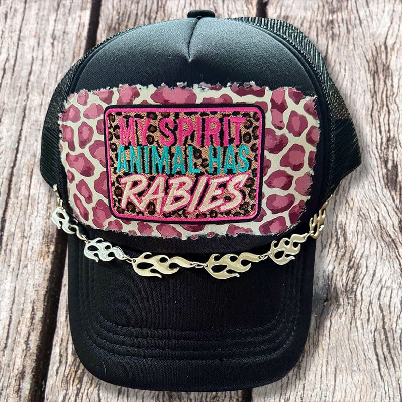 On A Whim Hats My Spirit Animal Has Rabies Trucker Hat - Black with Pink Leopard & Flame Chain