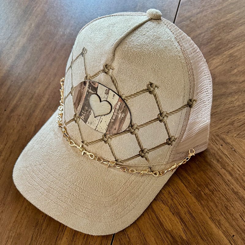 On A Whim Hats Rope Net Heart Trucker Hat - Tan Suede with Barnwood and Genuine Cowhide Patch