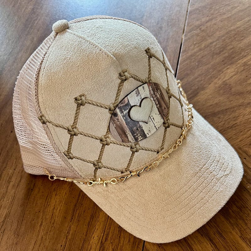 On A Whim Hats Rope Net Heart Trucker Hat - Tan Suede with Barnwood and Genuine Cowhide Patch