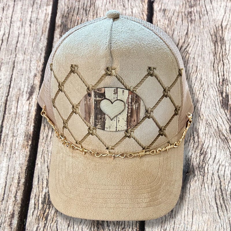 On A Whim Hats Rope Net Heart Trucker Hat - Tan Suede with Barnwood and Genuine Cowhide Patch