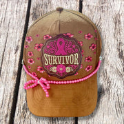 On A Whim Hats Survivor Trucker Hat - Camel Suede with Pink Ribbon & Pearl Bow Chain