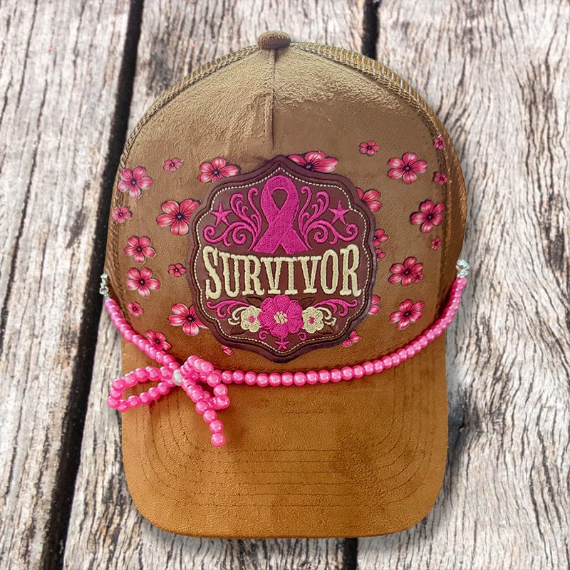On A Whim Hats Survivor Trucker Hat - Camel Suede with Pink Ribbon & Pearl Bow Chain