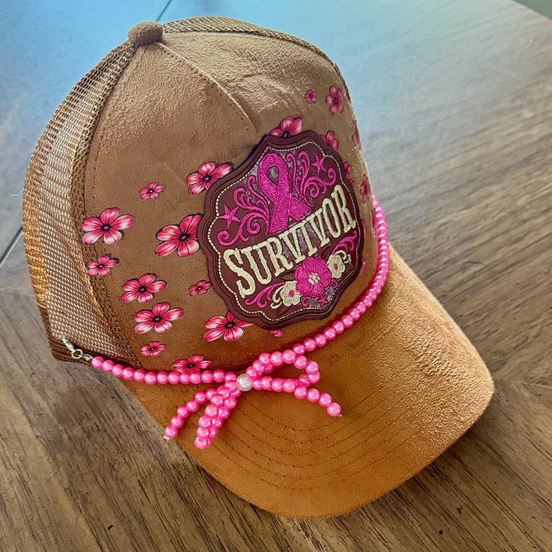 On A Whim Hats Survivor Trucker Hat - Camel Suede with Pink Ribbon & Pearl Bow Chain