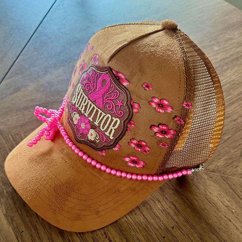 On A Whim Hats Survivor Trucker Hat - Camel Suede with Pink Ribbon & Pearl Bow Chain