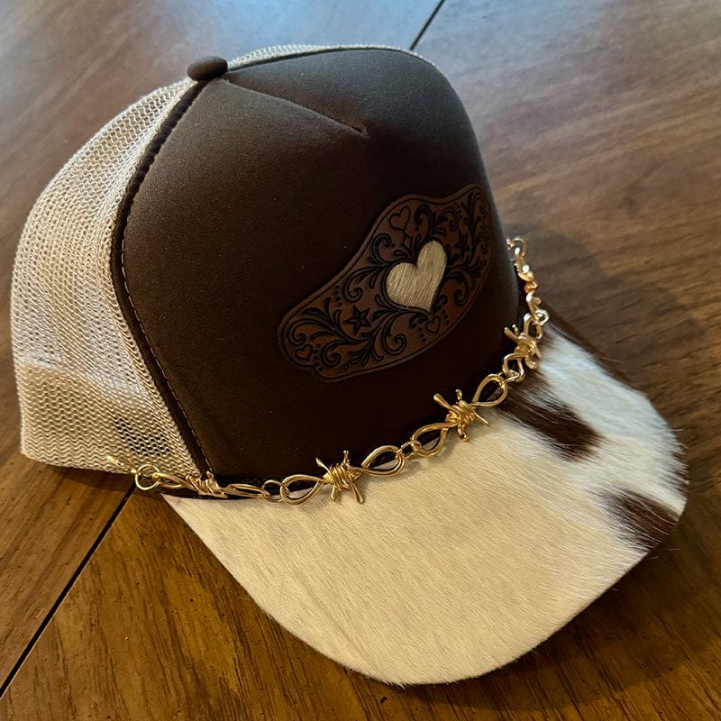 On A Whim Hats Tooled Heart Trucker Hat - Brown with Genuine Cowhide Bill & Gold Barbed Wire Chain