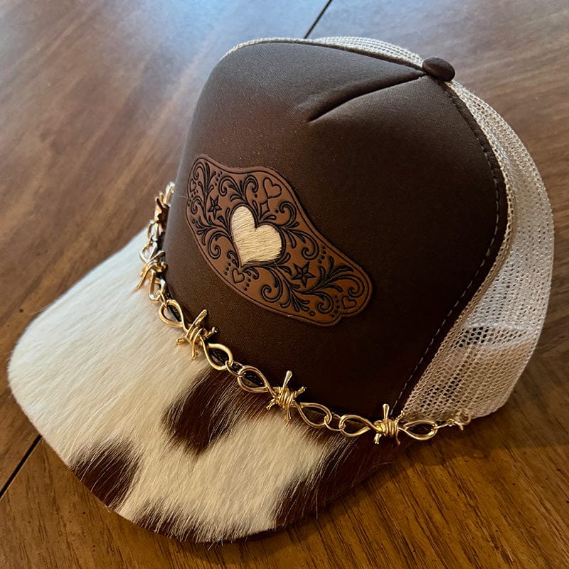 On A Whim Hats Tooled Heart Trucker Hat - Brown with Genuine Cowhide Bill & Gold Barbed Wire Chain