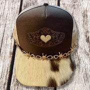 On A Whim Hats Tooled Heart Trucker Hat - Brown with Genuine Cowhide Bill & Gold Barbed Wire Chain