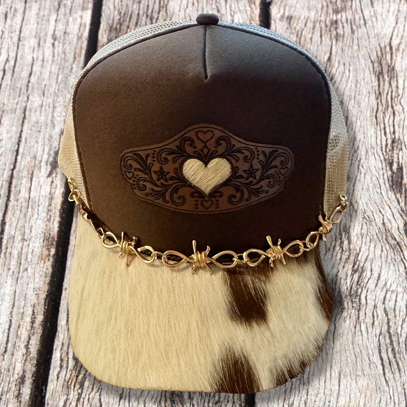 On A Whim Hats Tooled Heart Trucker Hat - Brown with Genuine Cowhide Bill & Gold Barbed Wire Chain