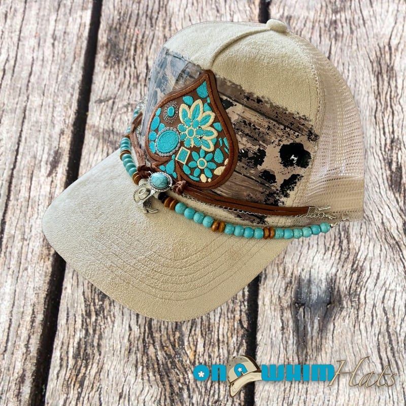 On A Whim Hats Turquoise Spade Cowgirl Vegan Suede Trucker Hat