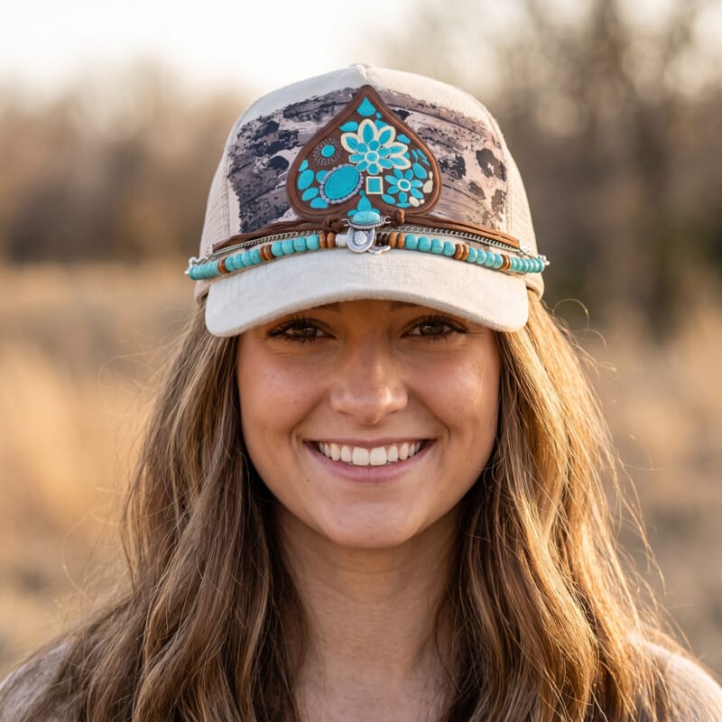 On A Whim Hats Turquoise Spade Cowgirl Vegan Suede Trucker Hat