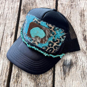 On A Whim Hats Turquoise Stone Cowhide Leopard Trucker Hat