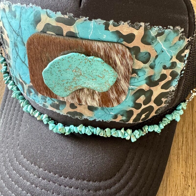 On A Whim Hats Turquoise Stone Cowhide Leopard Trucker Hat