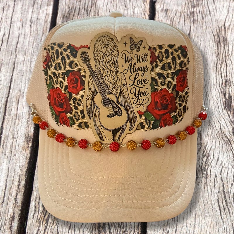 On A Whim Hats We Will Always Love You Dolly Trucker Hat - Cream with Leopard Roses & Rhinestone Chain