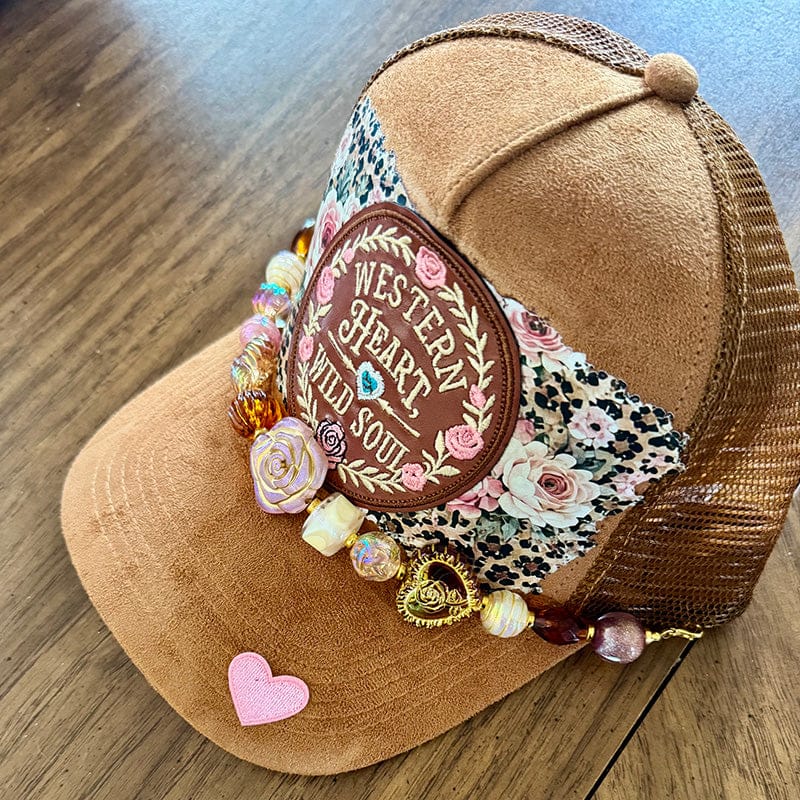 On A Whim Hats Western Heart Wild Soul Trucker Hat - Camel Suede with Floral Leopard & Bead Chain