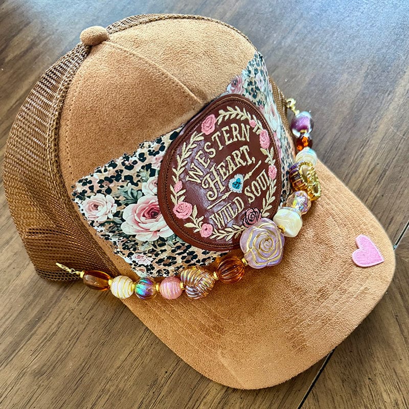 On A Whim Hats Western Heart Wild Soul Trucker Hat - Camel Suede with Floral Leopard & Bead Chain