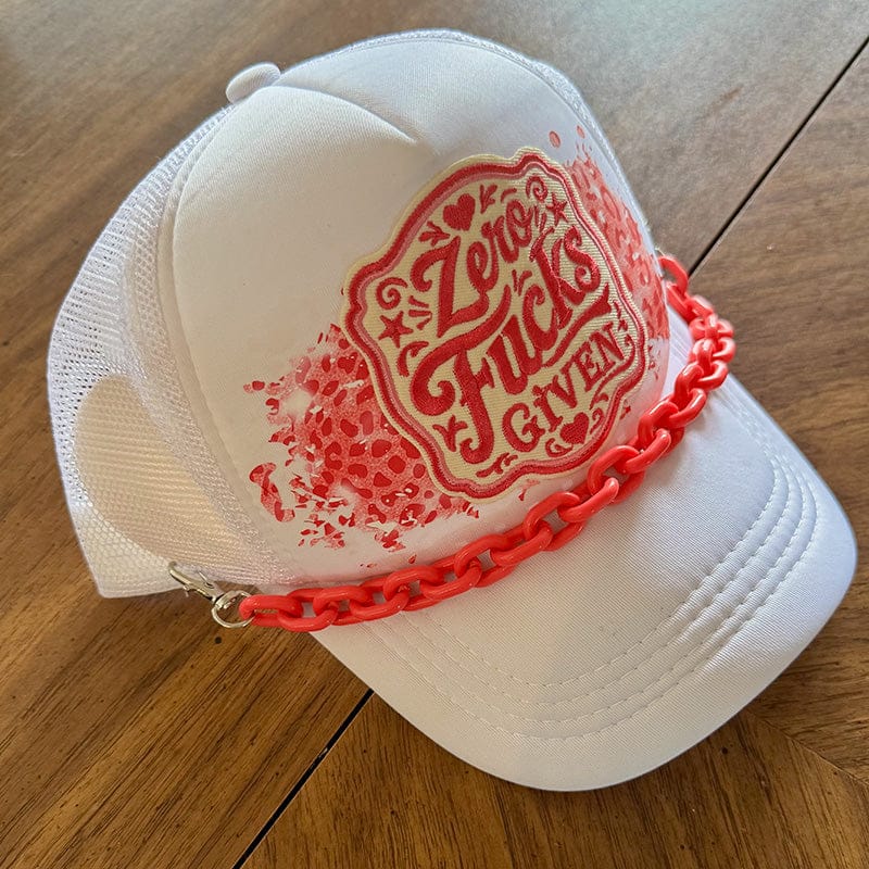On A Whim Hats Zero F*cks Given Trucker Hat - White with Red Leopard & Coral Chunky Chain