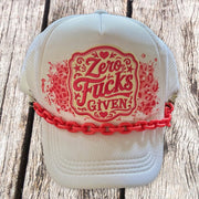 White trucker hat with Zero F*cks Given patch, red leopard print and coral chunky chain by On A Whim Hats