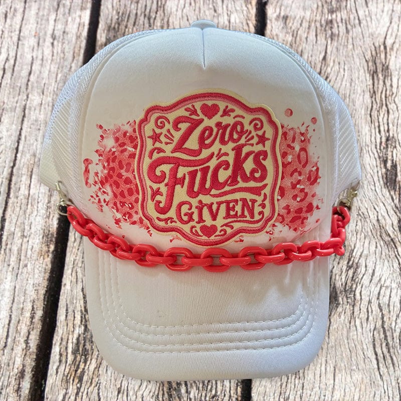 White trucker hat with Zero F*cks Given patch, red leopard print and coral chunky chain by On A Whim Hats