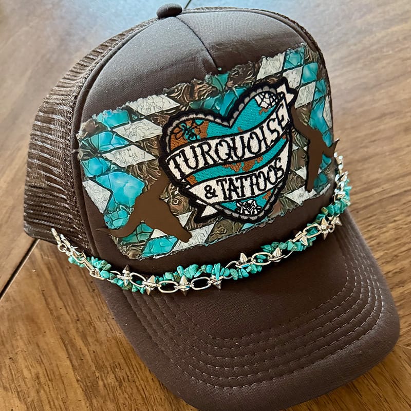 On A Whim Hats Turquoise and Tattoos Handmade Trucker Hat with Leather Patch